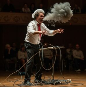 Image crée avec IA GEMINI montrant un chef d'orchestre avec de la fumée qui sort par la bouche et des câbles et fils électriques en pagaille à ses pieds. cela est une métaphore du cerveau post-AVC