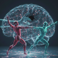 Cette image n'est pas une photographie réelle ou une illustration tirée d'un manuel médical classique, mais une création générée par intelligence artificielle pour illustrer la métaphore de la « danse » pour la co-contraction spastique